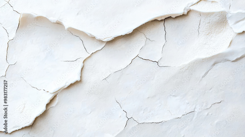 A tight shot of a white stucco wall exhibiting cracks, with fissures present on its sides A tight shot of a white stucco wall exhibiting cracks, with fissures present on its sides