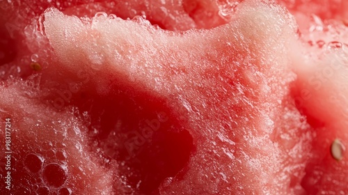  A tight shot of a halved watermelon, adorned with water droplets photo