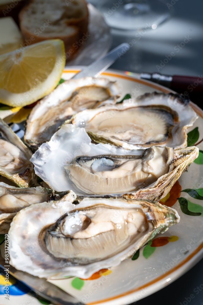 Plate with fresh live oysters with citron, bread, butter and white wine served at restaurant in oyster-farming village, Arcachon bay, Gujan-Mestras port, France Plate with fresh live oysters with citron, bread, butter and white wine served at restaurant in oyster-farming village, Arcachon bay, Gujan-Mestras port, France