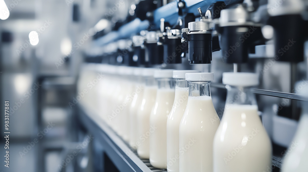 Bottles of milk on a production line in a dairy factory. Bottles of milk on a production line in a dairy factory.