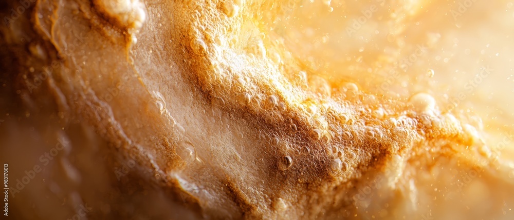 A tight shot of a slice of bread dripping in oil at the surface, contrasted by a water-filled bottom A tight shot of a slice of bread dripping in oil at the surface, contrasted by a water-filled bottom