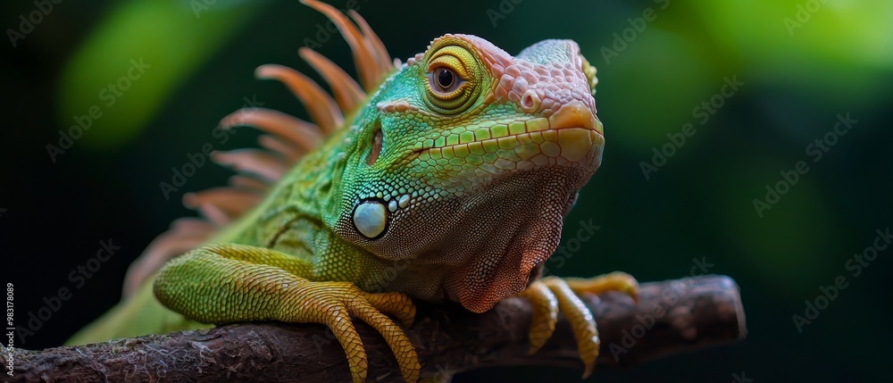 Obraz premium A tight shot of a vibrant green and orange lizard perched on a tree branch against a hazy backdrop of foliage