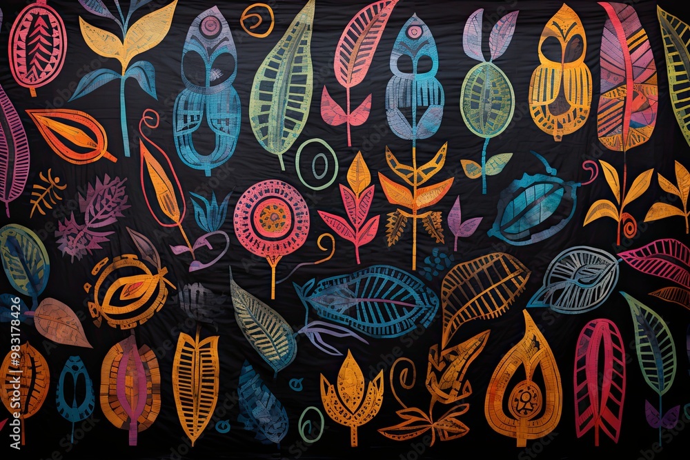 Fototapeta premium Guna Yala Heritage Unveiled Vibrant Panama Mola Tapestry Wabi-sabi background, where hand-made paper meets natural dye and sumi ink.