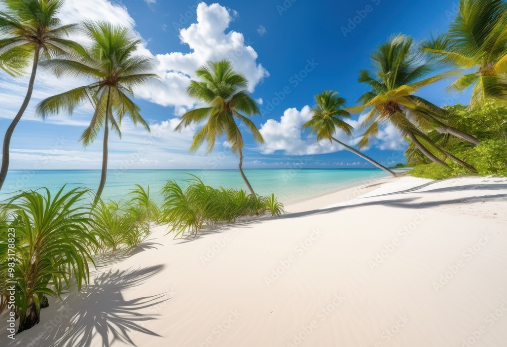 Fototapeta premium serene beach scene surrounded lush exotic foliage vibrant tropical plants under clear blue sky, landscape, nature, palm, sand, ocean, water, coast, sunny