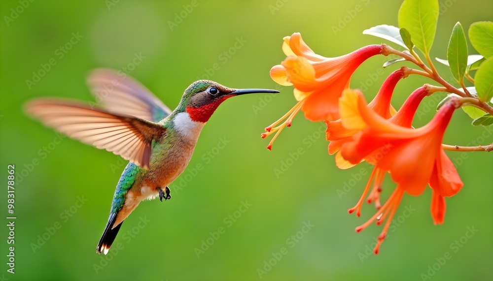 Fototapeta premium A Ruby-Throated Hummingbird Hovering Near Orange Trumpet Flowers