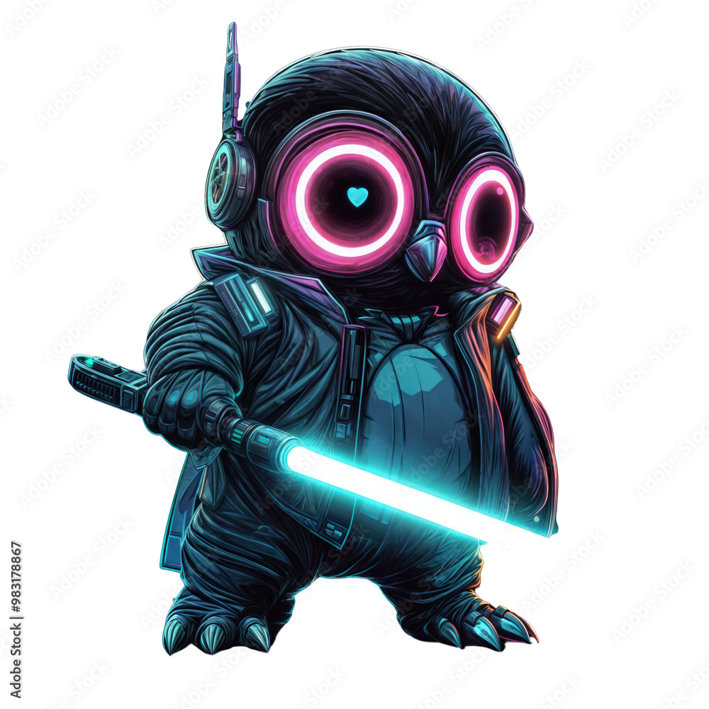 Cyberpunk Penguin with Neon Lightsaber, Futuristic Christmas Character