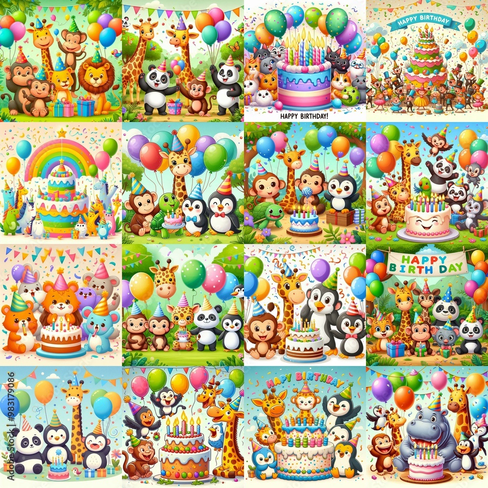 Fototapeta premium Happy birthday cartoon. AI generated illustration