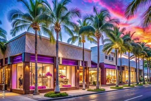 Jewelry store on Bling Boulevard with palm trees and vibrant sunset skies. Generative AI