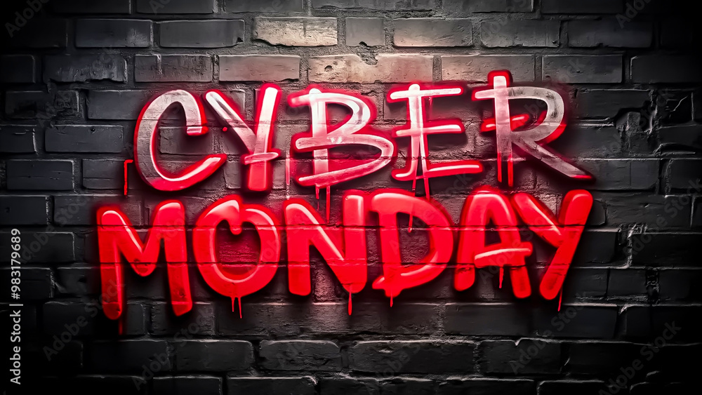 Bright red Cyber Monday lettering, graffiti style, on a dark brick wall. AI, Generation, Illustration. Bright red Cyber Monday lettering, graffiti style, on a dark brick wall. AI, Generation, Illustration.