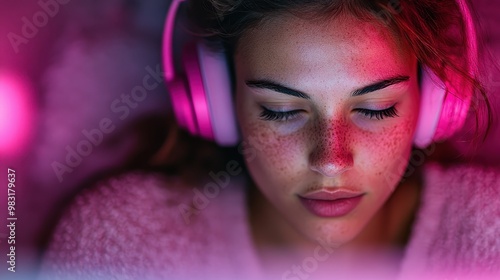 A portrait of a relaxed young woman with freckles, wearing pink headphones and bathed in pinkish-hued light, as she comfortably listens to music with closed eyes. photo