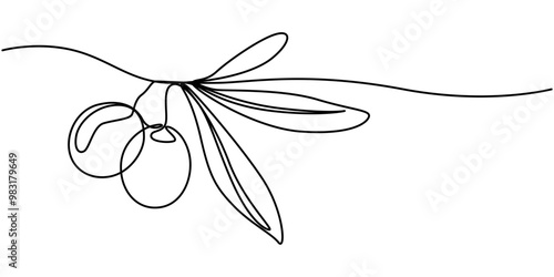 Continuous Line Drawing of Olive Icon. Hand Drawn Symbol Vector Illustration, Olive Single Line Icon, Olive horizontal frieze. Continuous linear pattern, Olive Brunch Vector Illustration. Fruit, Green