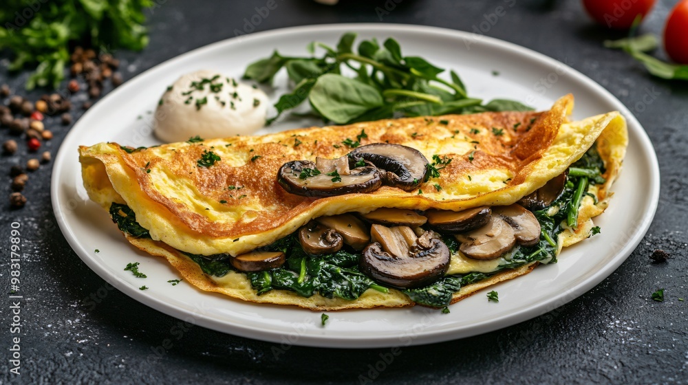 Fluffy omelette filled with mushrooms, spinach, and cheese, served on a white ceramic plate, isolated on a dark stone background Fluffy omelette filled with mushrooms, spinach, and cheese, served on a white ceramic plate, isolated on a dark stone background
