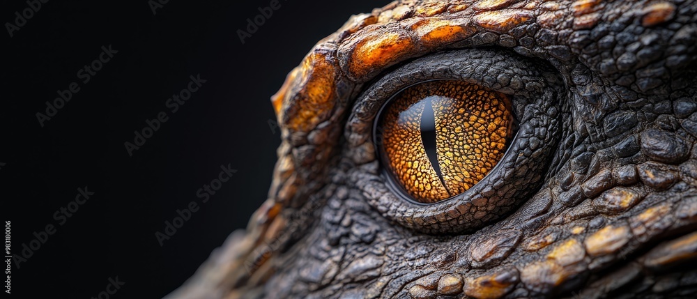 A crocodile's close-up eye, highlighted in orange and yellow, against a black backdrop A crocodile's close-up eye, highlighted in orange and yellow, against a black backdrop