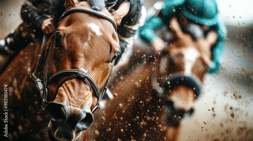 An intense scene of racehorses and their jockeys competing on a muddy track, captured with dramatic detail and action, conveying speed, competition, and raw athleticism. photo