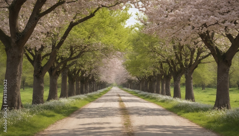 Breathtaking spring stroll through a cherry blossom-lined road with vibrant greenery and blooming flowers along the pathway Breathtaking spring stroll through a cherry blossom-lined road with vibrant greenery and blooming flowers along the pathway
