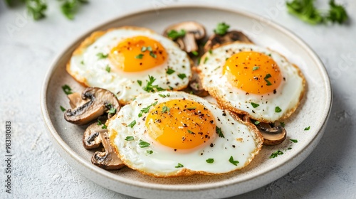 Golden fried eggs served with sauteed mushrooms and fresh herbs, isolated on a light ceramic plate