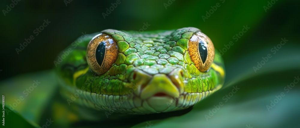 A tight shot of a green snake's face, its yellow eyes gleaming, against a backdrop of a solitary green leaf A tight shot of a green snake's face, its yellow eyes gleaming, against a backdrop of a solitary green leaf