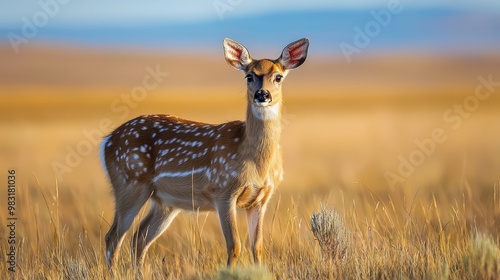  A small deer stands in the midst of a field filled with tall grass, against a backdrop of a clear blue sky