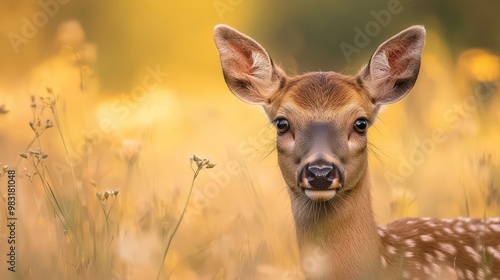 Wallpaper Mural  A tight shot of a deer in a field, surrounded by tall grass Flowers dot the foreground, while the background softly blurs Torontodigital.ca