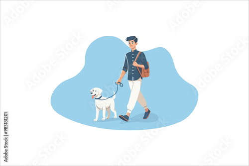 Young man with backpack walking dog. Vector illustration.