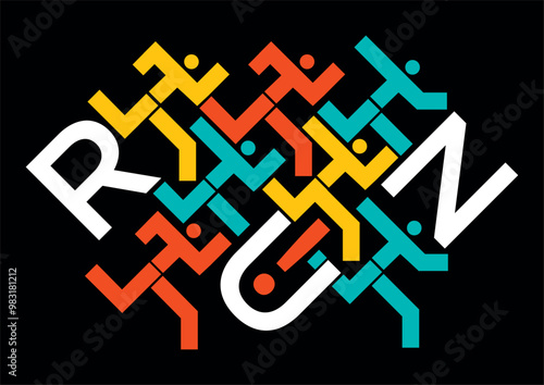 Joggers, running race, word run.
Illustration of runners symbol with run lettering on black background. Vector available.
