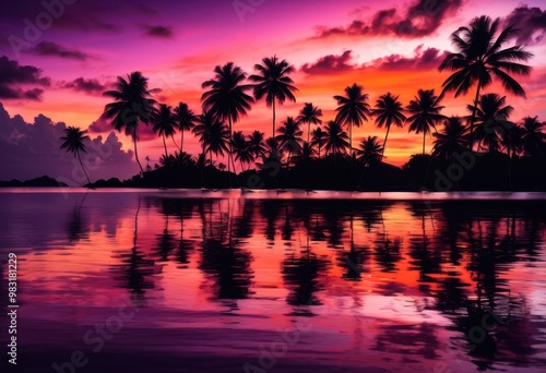 vibrant palm silhouettes stunning sunset views creating breathtaking tropical scene, color, sky, clouds, orange, red, yellow, nature, landscape, evening