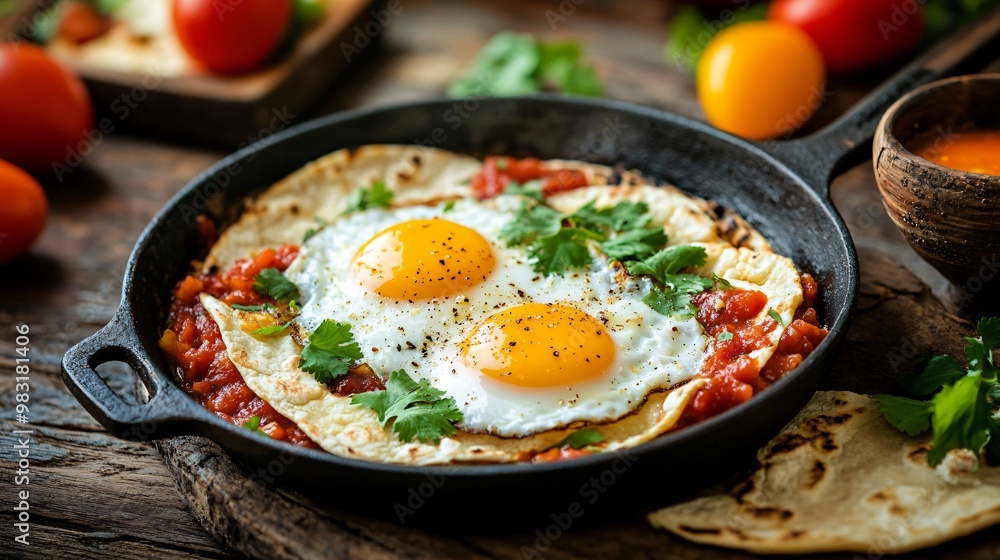 Huevos rancheros with fried eggs, salsa, and tortillas, isolated on a rustic wooden table with vibrant Mexican accents Huevos rancheros with fried eggs, salsa, and tortillas, isolated on a rustic wooden table with vibrant Mexican accents