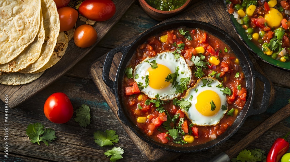 Huevos rancheros with fried eggs, salsa, and tortillas, isolated on a rustic wooden table with vibrant Mexican accents Huevos rancheros with fried eggs, salsa, and tortillas, isolated on a rustic wooden table with vibrant Mexican accents