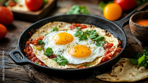 Huevos rancheros with fried eggs, salsa, and tortillas, isolated on a rustic wooden table with vibrant Mexican accents