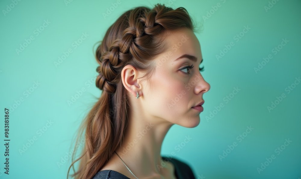 A young woman with a stylish braid and soft makeup poses against a teal background, perfect for beauty, fashion, or hairstyle concepts. A young woman with a stylish braid and soft makeup poses against a teal background, perfect for beauty, fashion, or hairstyle concepts.