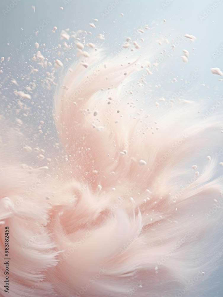 Fototapeta premium Cluster of pink particles dispersed in the air against a light blue background, capturing a dynamic moment of motion and fragmentation, creating a visually striking effect.