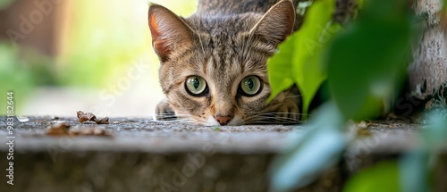  A cat crouches near a plant, gaze fixed on the camera with an expression of surprise photo