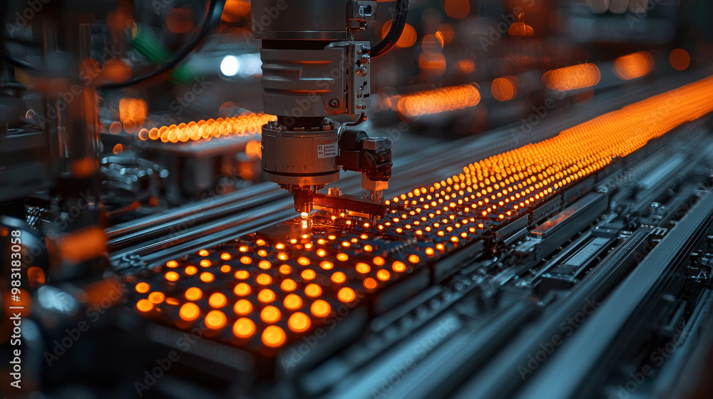 Automated production line with glowing lights. Automated production line with glowing lights.