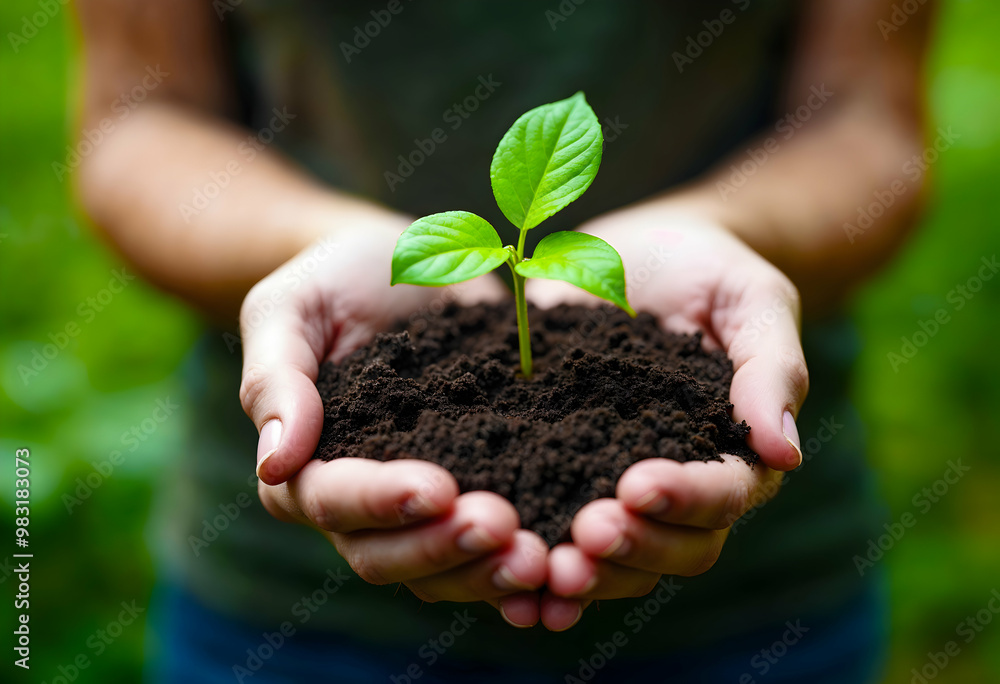 Hands Holding a Young Plant Nurturing New Life - A Save the Planet Concept Hands Holding a Young Plant Nurturing New Life - A Save the Planet Concept