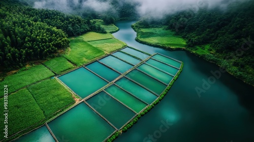 This image depicts a stunning aerial view of a vibrant turquoise lagoon surrounded by lush green fields where floating garden patches create a mesmerizing natural mosaic. photo