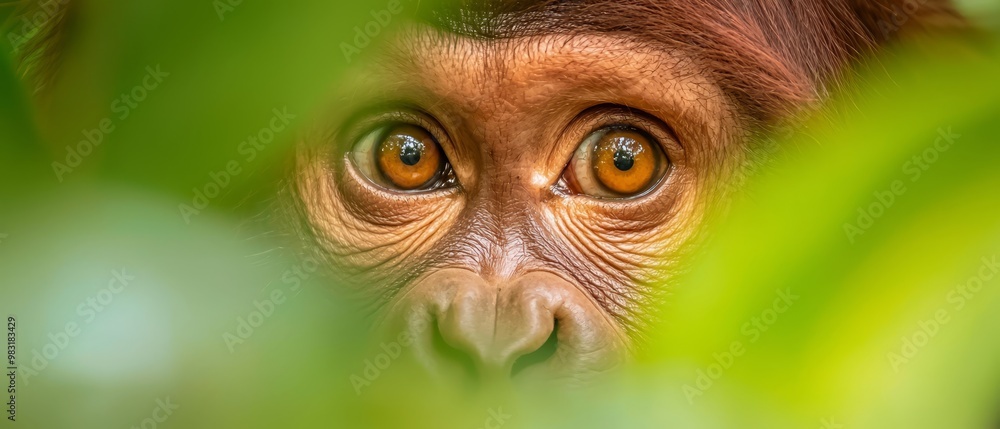 Obraz premium A tight shot of a monkey's expressive face, with a vivid green leaf in the near foreground, and a softly blurred background