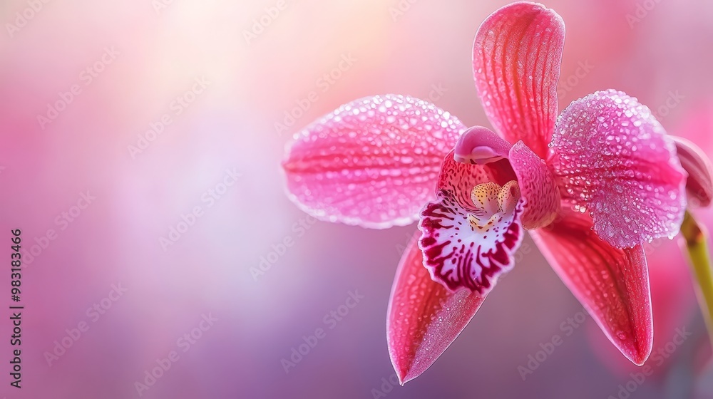 A tight shot of a pink flower, dewdrops glistening on its petals, backdrop softly blurred A tight shot of a pink flower, dewdrops glistening on its petals, backdrop softly blurred