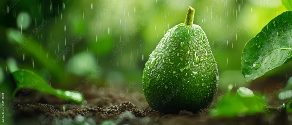A green avocado atop dirt, adjacent to a leafy plant with water droplets A green avocado atop dirt, adjacent to a leafy plant with water droplets