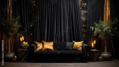 Elegant Black Velvet Curtains with Gold Accents in a Luxurious Modern Living Room Interior