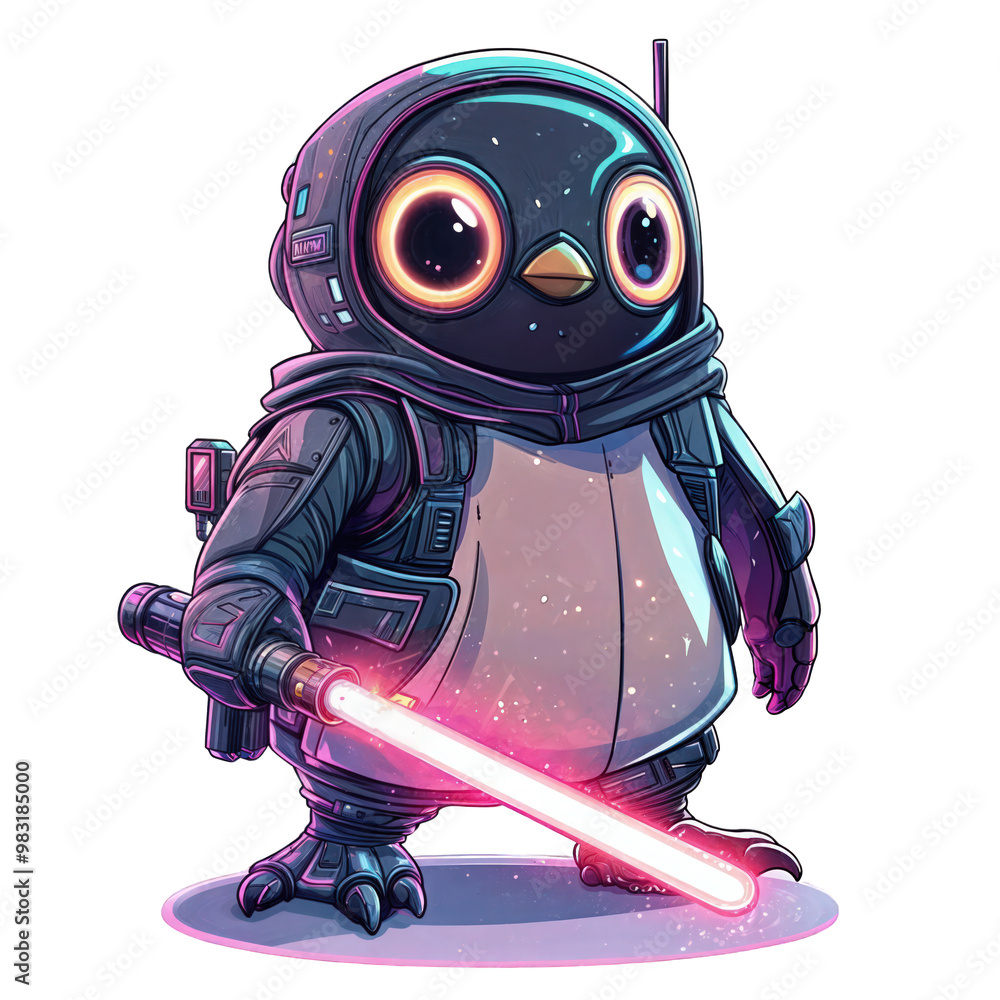 Cyberpunk Penguin with Neon Lightsaber, Futuristic Holiday Character