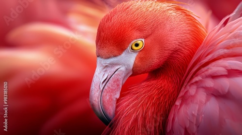 long bill, yellow eye; background populated by additional flamingos photo