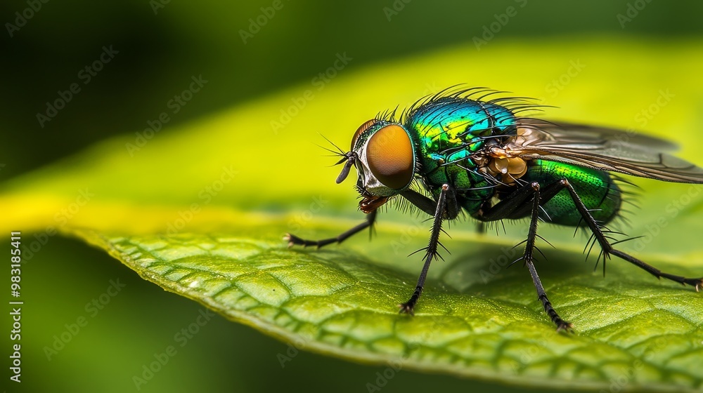Close-up macro shot of a green fly perched on a circular leaf, showcasing the intricate details and textures of the insect in its natural habitat. Close-up macro shot of a green fly perched on a circular leaf, showcasing the intricate details and textures of the insect in its natural habitat.