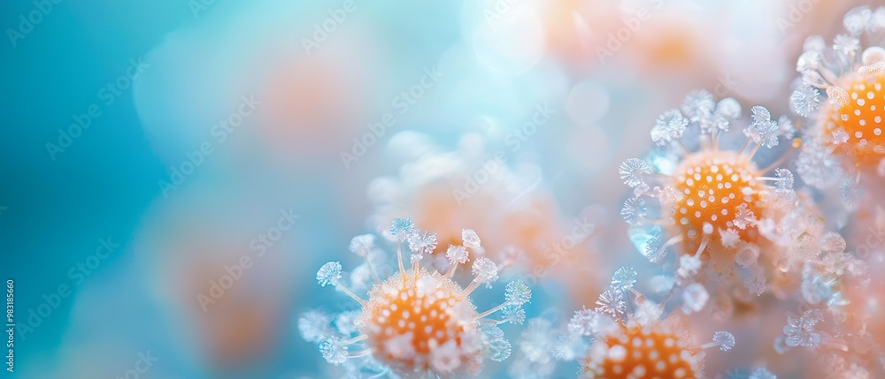 A macro shot of flowers, petals dotted with water drops, against a backdrop of a clear blue sky A macro shot of flowers, petals dotted with water drops, against a backdrop of a clear blue sky