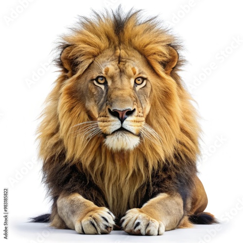 Majestic lion resting on a white background showcasing its powerful features. Generative AI