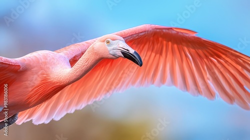  A pink flamingo in flight, wings spread wide, head turned aside