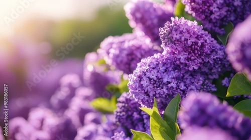  A tight shot of multiple purple blooms against a backdrop of vibrant light, with green foliage in the foreground