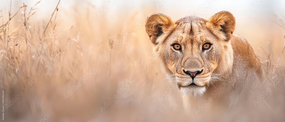 A tight shot of a lion gazing intently at the camera in a sea of towering grasses, his serious expression underscored by unblinking eyes A tight shot of a lion gazing intently at the camera in a sea of towering grasses, his serious expression underscored by unblinking eyes