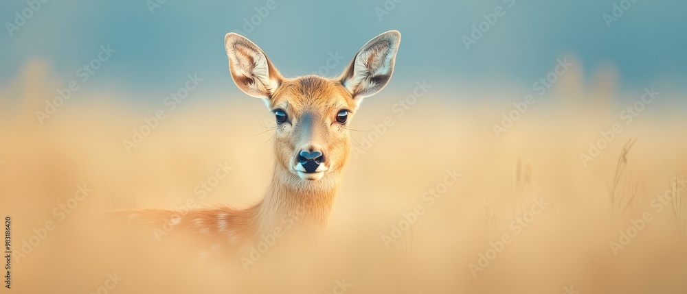 A tight shot of a deer's head in a field of towering grasses Sky above is painted blue A tight shot of a deer's head in a field of towering grasses Sky above is painted blue