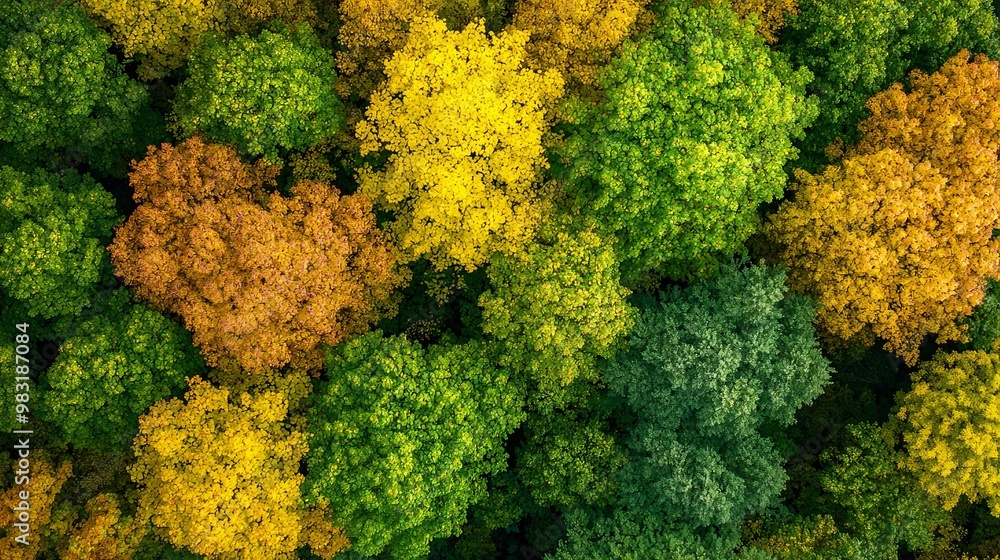 Naklejka premium A bird's-eye perspective of a grove with yellow and green treetops in the foreground, contrasting against a backdrop of azure sky