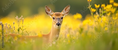  A tight shot of a deer in a meadow, surrounded by grass and yellow flower blooms, backed by a hazy, blurred expanse of yellow blossoms